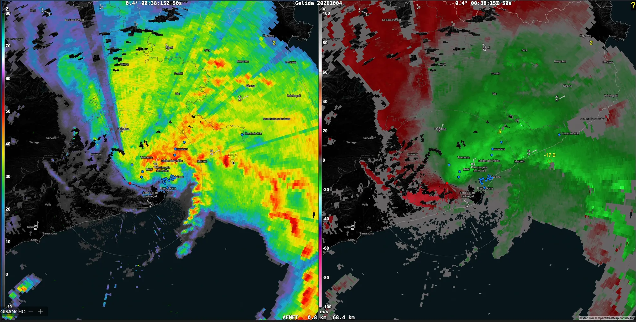 Reflectividad (izquierda) y velocidad radial Doppler (derecha) del radar de AEMET en Barcelona, elevación 0,4°, 00:38 UTC del 4 de octubre de 2026. Fuente: AEMET, visualizado con el ESSL radar displayer.